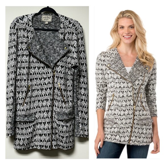 LUCKY BRAND Long Moto Jacket, Black and White, Sz L - Picture 1 of 16